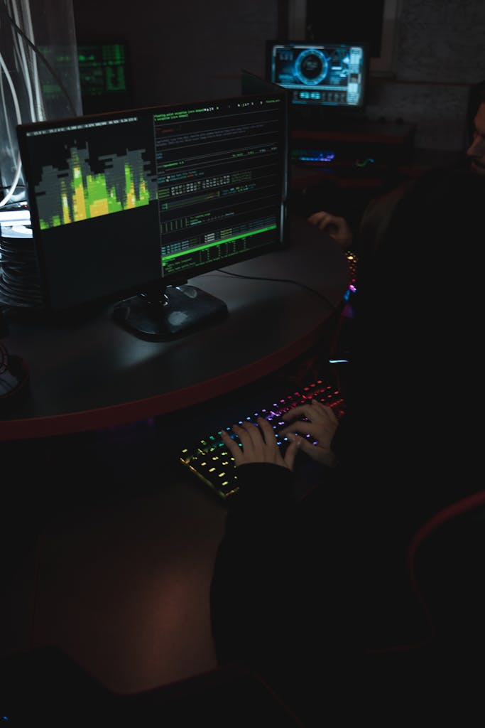 Person typing on RGB keyboard in a dark room with coding screens.